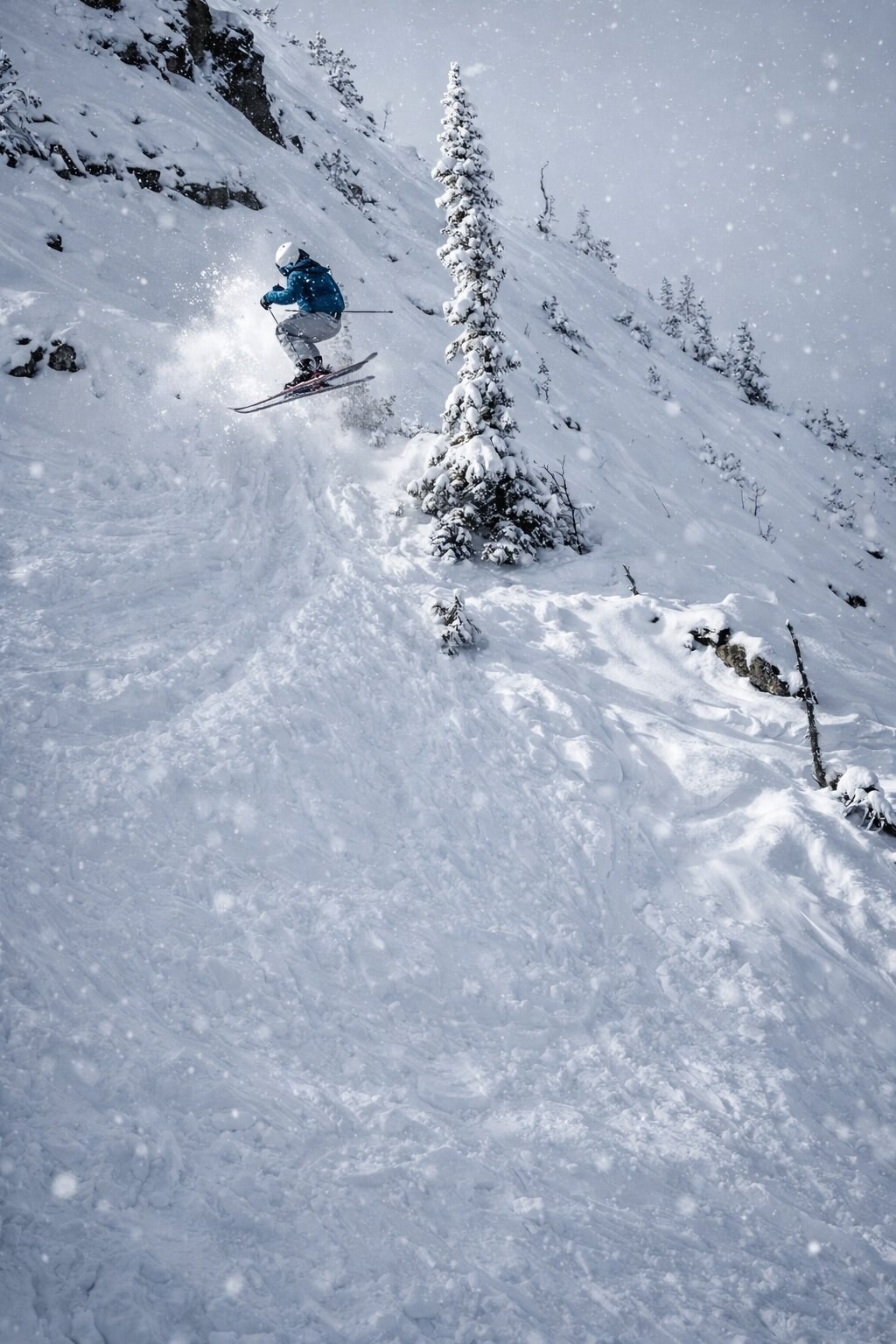 Powder drop beside a snow-laden tree